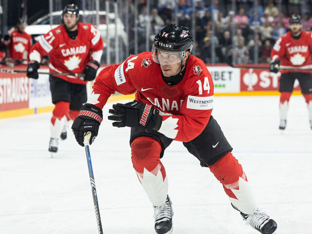 STOCKHOLM, SWEDEN - MAY 19: Bo Horvat of Canada during the 2025 Ice Hockey World Championship match between Canada and Finland at Avicii Arena on May 19, 2025 in Stockholm, Sweden.