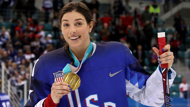 GANGNEUNG, SOUTH KOREA - FEBRUARY 22: Gold medal winner Hilary Knight #21 of the United States celebrates after defeating Canada in a shootout in the Women's Gold Medal Game on day thirteen of the PyeongChang 2018 Winter Olympic Games at Gangneung Hockey Centre on February 22, 2018 in Gangneung, South Korea.