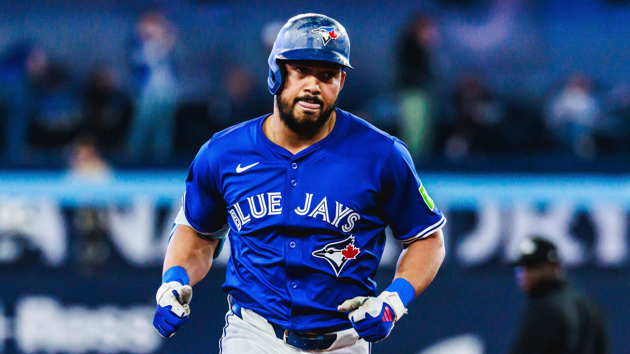 TORONTO, ON - MAY 20: Toronto Blue Jays designated hitter Anthony Santander (25) circles the bases after he hits a two-run home run in the bottom of the fifth inning of an MLB game between the San Diego Padres and the Toronto Blue Jays on May 20, 2025, at Rogers Centre in Toronto, ON.