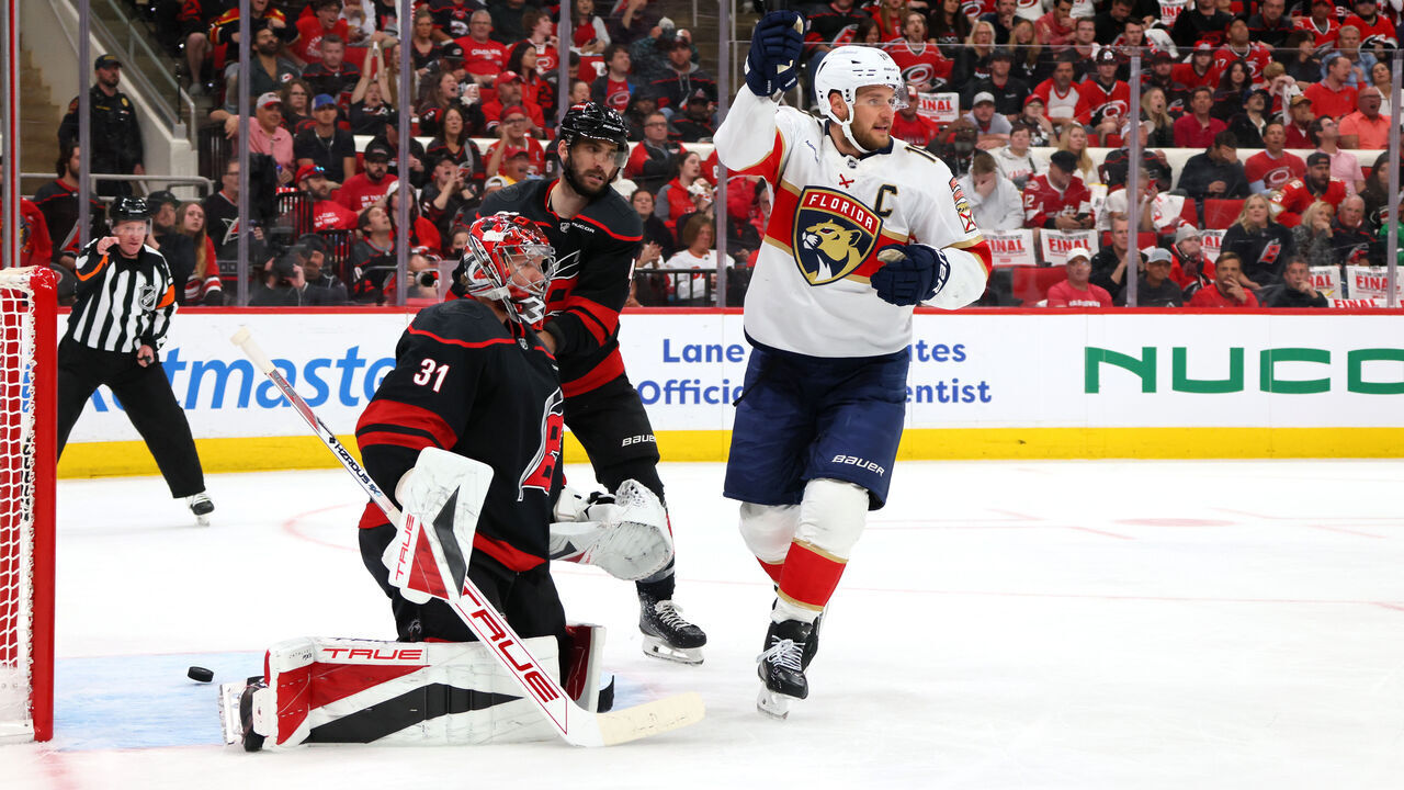 RALEIGH, NORTH CAROLINA - MAY 20: Aleksander Barkov #16 of the Florida Panthers celebrates after a goal is scored against Frederik Andersen #31 of the Carolina Hurricanes during the first period in Game One of the Eastern Conference Final of the 2025 Stanley Cup Playoffs at Lenovo Center on May 20, 2025 in Raleigh, North Carolina.