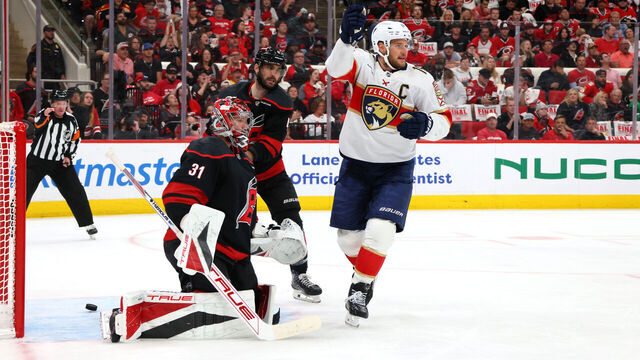 RALEIGH, NORTH CAROLINA - MAY 20: Aleksander Barkov #16 of the Florida Panthers celebrates after a goal is scored against Frederik Andersen #31 of the Carolina Hurricanes during the first period in Game One of the Eastern Conference Final of the 2025 Stanley Cup Playoffs at Lenovo Center on May 20, 2025 in Raleigh, North Carolina.