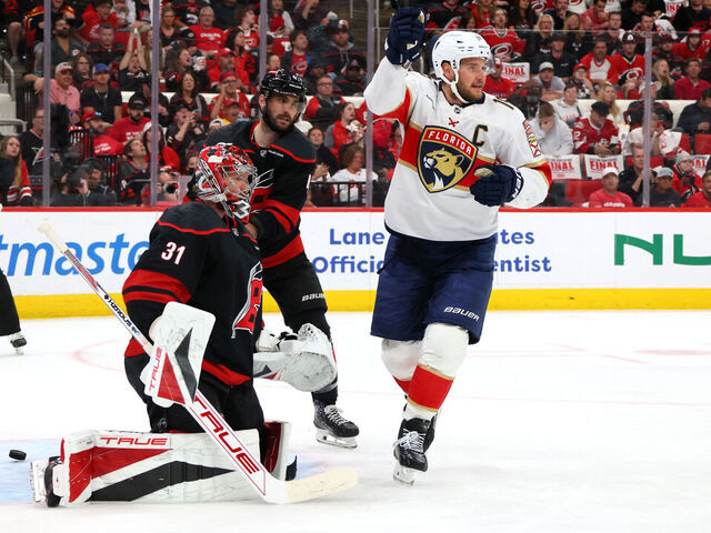 RALEIGH, NORTH CAROLINA - MAY 20: Aleksander Barkov #16 of the Florida Panthers celebrates after a goal is scored against Frederik Andersen #31 of the Carolina Hurricanes during the first period in Game One of the Eastern Conference Final of the 2025 Stanley Cup Playoffs at Lenovo Center on May 20, 2025 in Raleigh, North Carolina.