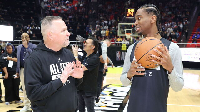 SALT LAKE CITY, UT - FEBRUARY 18: Head Coach Michael Malone of the Denver Nuggets and Shai Gilgeous-Alexander #2 of the Oklahoma City Thunder talk during NBA All-Star Practice presented by AT&T as part of 2023 NBA All Star Weekend on Saturday, February 18, 2023 at the Jon M. Huntsman Center in Salt Lake City, Utah. NOTE TO USER: User expressly acknowledges and agrees that, by downloading and/or using this Photograph, user is consenting to the terms and conditions of the Getty Images License Agreement. Mandatory Copyright Notice: Copyright 2023 NBAE