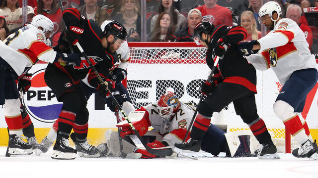 RALEIGH, NORTH CAROLINA - MAY 20: Sergei Bobrovsky #72 of the Florida Panthers defends against the Carolina Hurricanes during the first period in Game One of the Eastern Conference Final of the 2025 Stanley Cup Playoffs at Lenovo Center on May 20, 2025 in Raleigh, North Carolina.