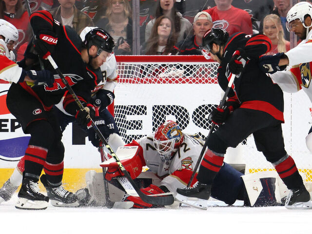 RALEIGH, NORTH CAROLINA - MAY 20: Sergei Bobrovsky #72 of the Florida Panthers defends against the Carolina Hurricanes during the first period in Game One of the Eastern Conference Final of the 2025 Stanley Cup Playoffs at Lenovo Center on May 20, 2025 in Raleigh, North Carolina.