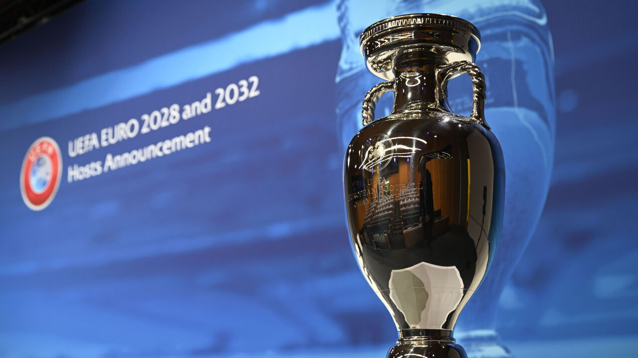 NYON, SWITZERLAND - OCTOBER 10: A view of the UEFA EURO trophy ahead of the UEFA EURO 2028 & 2032 Host Announcement at the UEFA headquarters, The House of European Football on October 10, 2023 in Nyon, Switzerland.