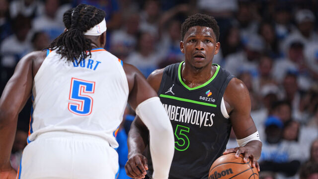 OKLAHOMA CITY, OK - MAY 20: Anthony Edwards #5 of the Minnesota Timberwolves handles the ball during the game against the Oklahoma City Thunder during Game One of the Western Conference Finals on May 20, 2025 at Paycom Center in Oklahoma City, Oklahoma. Mandatory Copyright Notice: Copyright 2025 NBAE