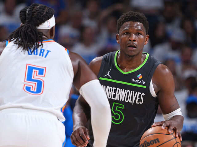 OKLAHOMA CITY, OK - MAY 20: Anthony Edwards #5 of the Minnesota Timberwolves handles the ball during the game against the Oklahoma City Thunder during Game One of the Western Conference Finals on May 20, 2025 at Paycom Center in Oklahoma City, Oklahoma. Mandatory Copyright Notice: Copyright 2025 NBAE