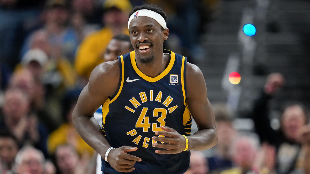 INDIANAPOLIS, INDIANA - MARCH 24: Pascal Siakam #43 of the Indiana Pacers celebrates after making a shot in the fourth quarter against the Minnesota Timberwolves at Gainbridge Fieldhouse on March 24, 2025 in Indianapolis, Indiana.