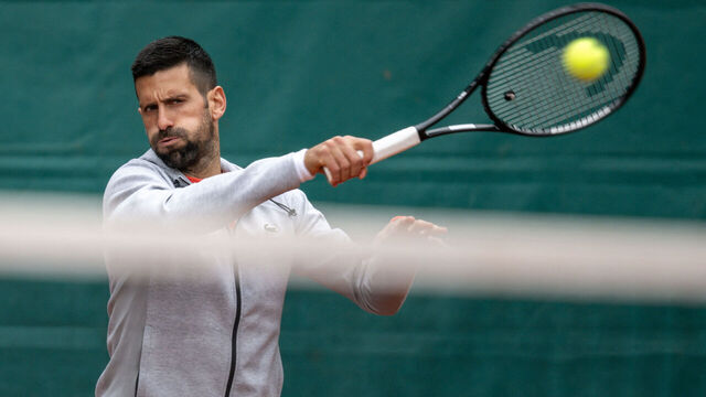 Serbia's Novak Djokovic plays a forehand return during a training session at the ATP 250 Geneva Open tennis tournament in Geneva on May 20, 2025.