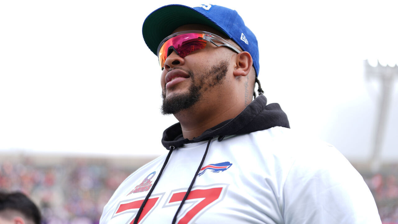 ORLANDO, FLORIDA - FEBRUARY 02: Dion Dawkins #73 of the Buffalo Bills and AFC is introduced prior to the 2025 NFL Pro Bowl Games at Camping World Stadium on February 02, 2025 in Orlando, Florida.