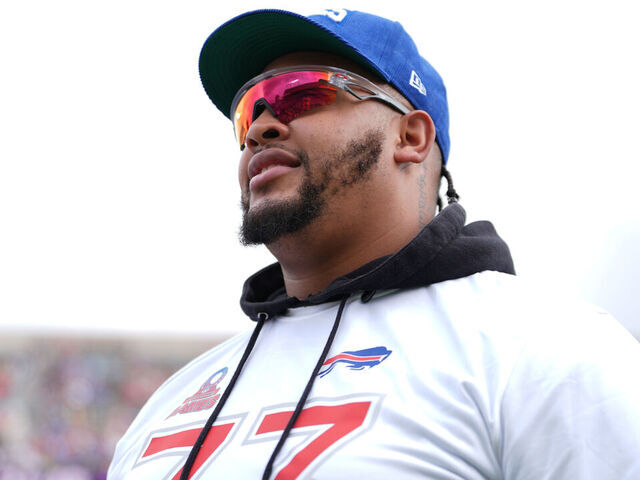 ORLANDO, FLORIDA - FEBRUARY 02: Dion Dawkins #73 of the Buffalo Bills and AFC is introduced prior to the 2025 NFL Pro Bowl Games at Camping World Stadium on February 02, 2025 in Orlando, Florida.