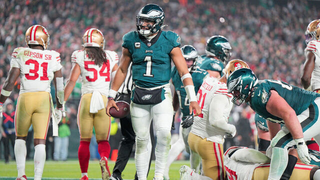 PHILADELPHIA, PA - DECEMBER 03: Philadelphia Eagles quarterback Jalen Hurts (1) scores on a tush push during the game between the San Fransisco 49ers and the Philadelphia Eagles on December 3, 2023 at Lincoln Financial Field.