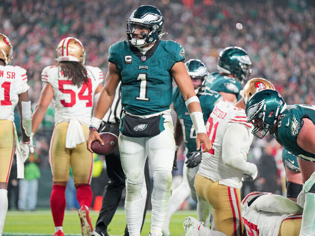 PHILADELPHIA, PA - DECEMBER 03: Philadelphia Eagles quarterback Jalen Hurts (1) scores on a tush push during the game between the San Fransisco 49ers and the Philadelphia Eagles on December 3, 2023 at Lincoln Financial Field.