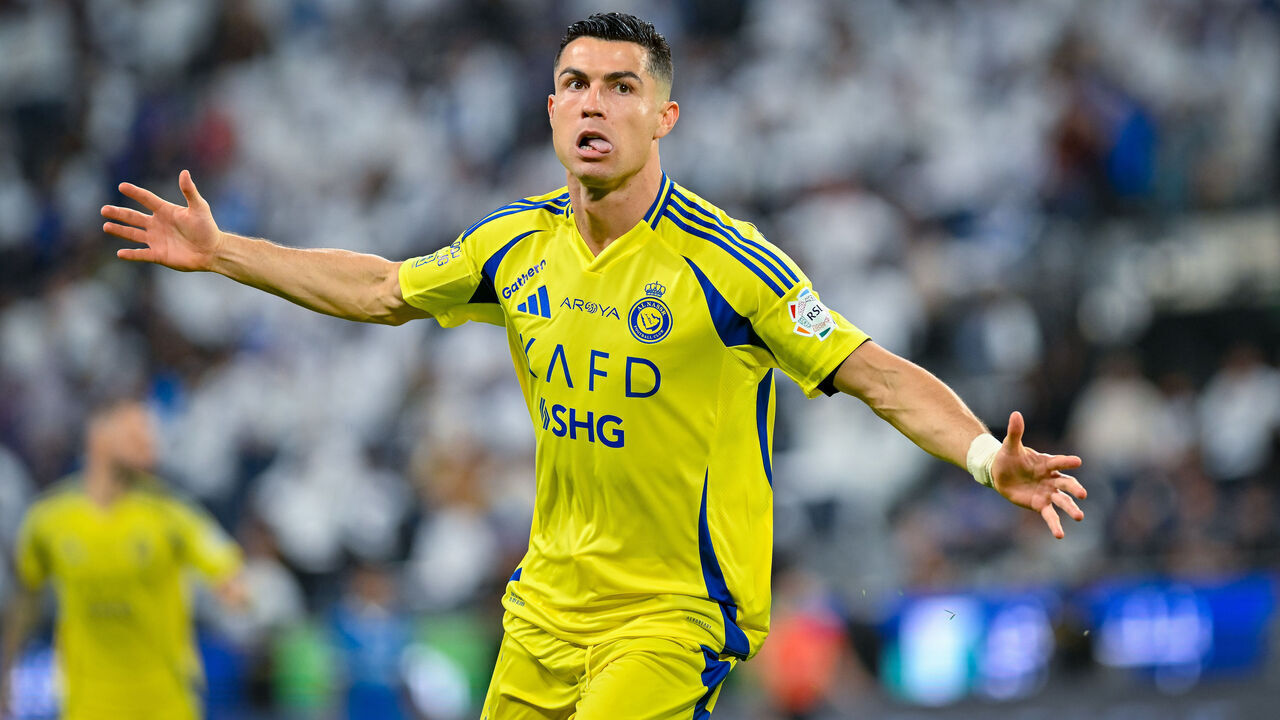 RIYADH, SAUDI ARABIA - APRIL 04: Cristiano Ronaldo of Al Nassr celebrates after scoring a goal during the Saudi Pro League match between Al Hilal v Al Nassr in the Kingdom Arena on April 04, 2025 in Riyadh, Saudi Arabia.