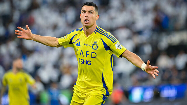 RIYADH, SAUDI ARABIA - APRIL 04: Cristiano Ronaldo of Al Nassr celebrates after scoring a goal during the Saudi Pro League match between Al Hilal v Al Nassr in the Kingdom Arena on April 04, 2025 in Riyadh, Saudi Arabia.