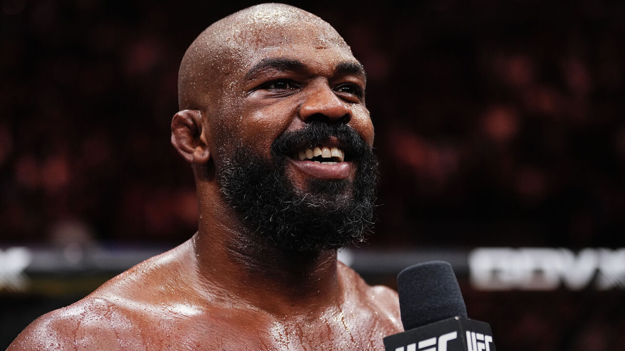 NEW YORK, NEW YORK - NOVEMBER 16: Jon Jones of the United States of America reacts after his TKO victory against Stipe Miocic of the United States of America in the UFC heavyweight championship fight during the UFC 309 event at Madison Square Garden on November 16, 2024 in New York City.