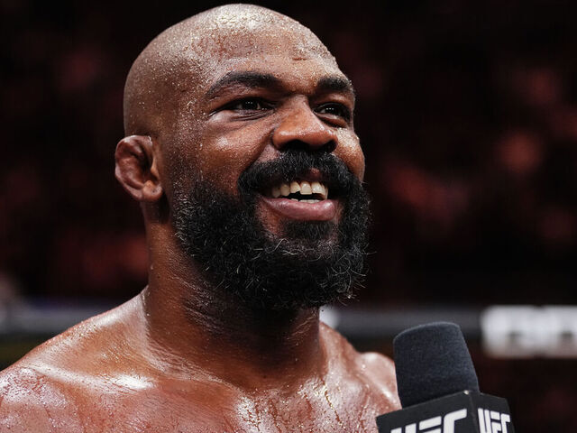 NEW YORK, NEW YORK - NOVEMBER 16: Jon Jones of the United States of America reacts after his TKO victory against Stipe Miocic of the United States of America in the UFC heavyweight championship fight during the UFC 309 event at Madison Square Garden on November 16, 2024 in New York City.