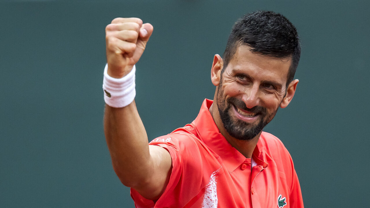 Serbia's Novak Djokovic celebrates his victory at the end of his match against Hungary's Marton Fucsovics at the ATP 250 Geneva Open tennis tournament in Geneva on May 21, 2025.