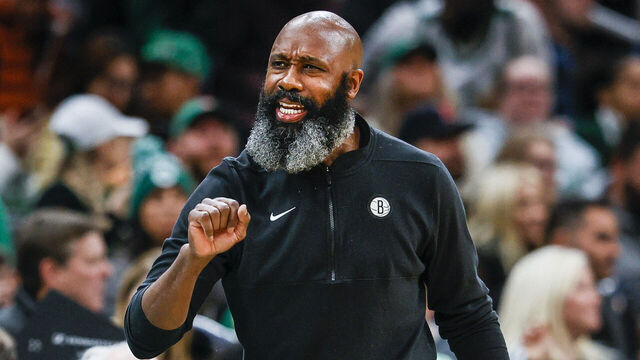 Boston, MA - February 14: Brooklyn Nets head coach Jacque Vaughn yells in the first half. The Nets lost to the Boston Celtics, 136-86.