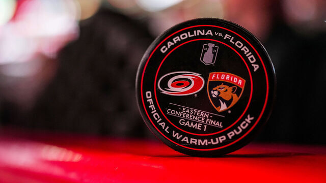 RALEIGH, NC - MAY 20: A general view of the warm-up puck prior to Game One of the Eastern Conference Final of the 2025 Stanley Cup Playoffs between the Carolina Hurricanes and the Florida Panthers at Lenovo Center on May 20, 2025 in Raleigh, North Carolina.