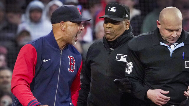 Boston, MA - May 20: Boston Red Sox manager Alex Cora was ejected after arguing a call with home plate umpire Mike Estabrook (83) during the third inning. The Boston Red Sox host the New York Mets on Tuesday, May 20, 2025 at Fenway Park in Boston, MA.