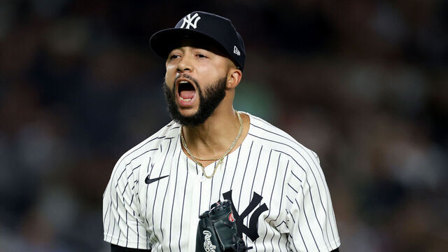 NEW YORK, NEW YORK - MAY 20: Devin Williams #38 of the New York Yankees reacts after retiring the Texas Rangers during the eighth inning at Yankee Stadium on May 20, 2025 in New York City.
