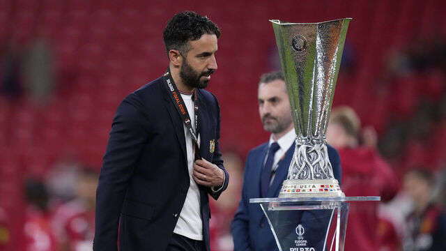 Ruben Amorim head coach of Manchester United walks past the UEFA Europa League trophy after his team's defeat in the UEFA Europa League Final 2025 between Tottenham Hotspur and Manchester United at Estadio San Mames on May 21, 2025 in Bilbao, Spain.