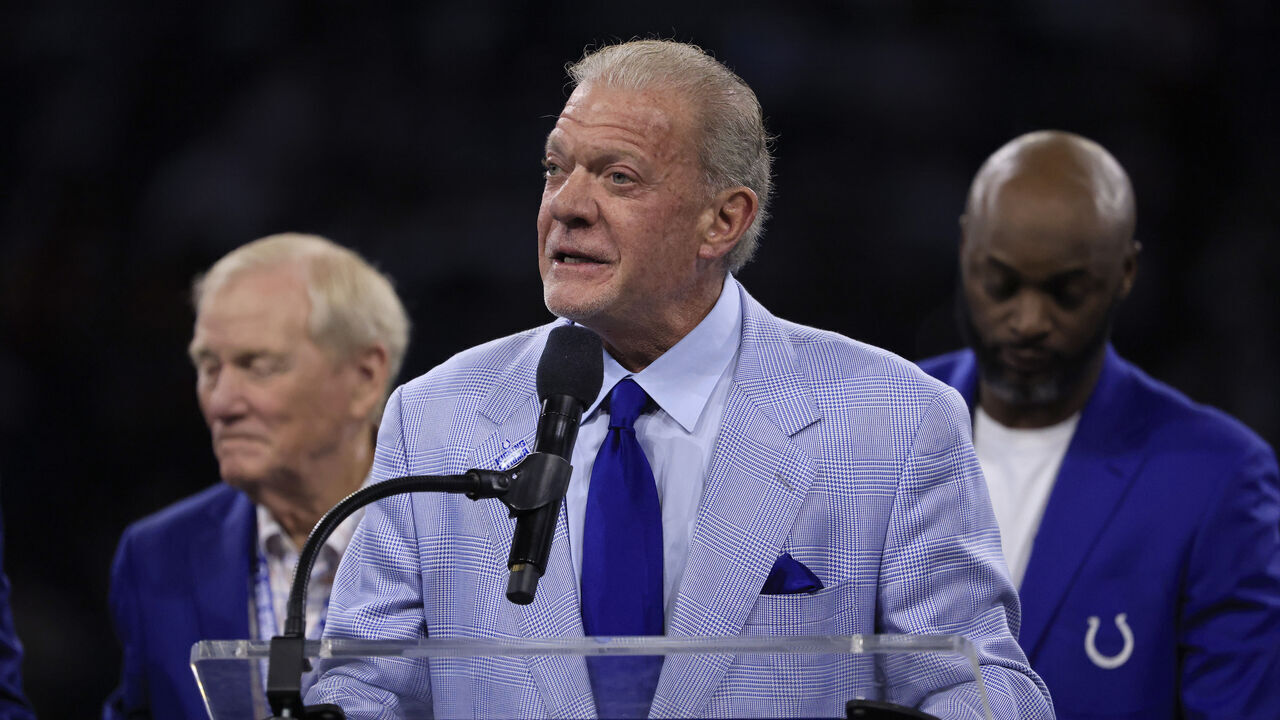 INDIANAPOLIS, INDIANA - OCTOBER 30: Indianapolis Colts Owner Jim Irsay speaks during the Indianapolis Colts Ring of Honor ceremony for Tarik Glenn during halftime of a game against the Washington Commanders at Lucas Oil Stadium on October 30, 2022 in Indianapolis, Indiana.