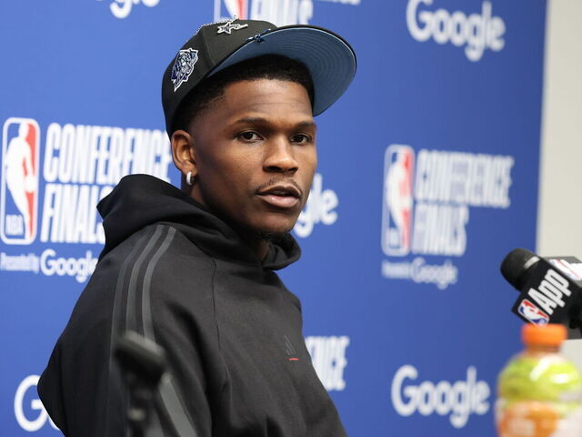 OKLAHOMA CITY, OK - MAY 20: Anthony Edwards #5 of the Minnesota Timberwolves talks to media after the game during Game One of the Western Conference Finals on May 20, 2025 at Paycom Center in Oklahoma City, Oklahoma. Mandatory Copyright Notice: Copyright 2025 NBAE