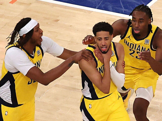NEW YORK, NEW YORK - MAY 21: Tyrese Haliburton #0 of the Indiana Pacers is congratulated by his teammates after scoring a game-tying basket against the New York Knicks as time expires in the fourth quarter in Game One of the Eastern Conference Finals of the 2025 NBA Playoffs at Madison Square Garden on May 21, 2025 in New York City.