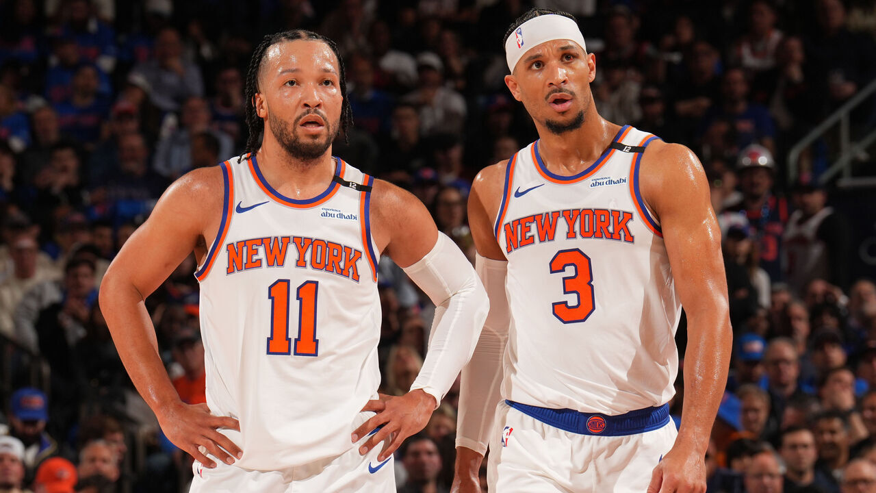 NEW YORK, NY - MAY 21: Jalen Brunson #11 and Josh Hart #3 of the New York Knicks looks on during the game against the Indiana Pacers during Game 1 of the 2025 Eastern Conference Finals on May 21, 2025 at Madison Square Garden in New York City, New York. Mandatory Copyright Notice: Copyright 2025 NBAE
