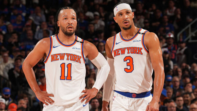NEW YORK, NY - MAY 21: Jalen Brunson #11 and Josh Hart #3 of the New York Knicks looks on during the game against the Indiana Pacers during Game 1 of the 2025 Eastern Conference Finals on May 21, 2025 at Madison Square Garden in New York City, New York. Mandatory Copyright Notice: Copyright 2025 NBAE