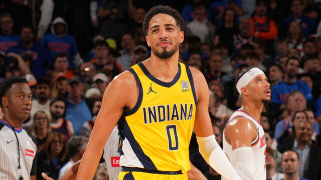 NEW YORK, NY - MAY 21: Tyrese Haliburton #0 of the Indiana Pacers smiles during the game against the New York Knicks during Game 1 of the 2025 Eastern Conference Finals on May 21, 2025 at Madison Square Garden in New York City, New York. Mandatory Copyright Notice: Copyright 2025 NBAE