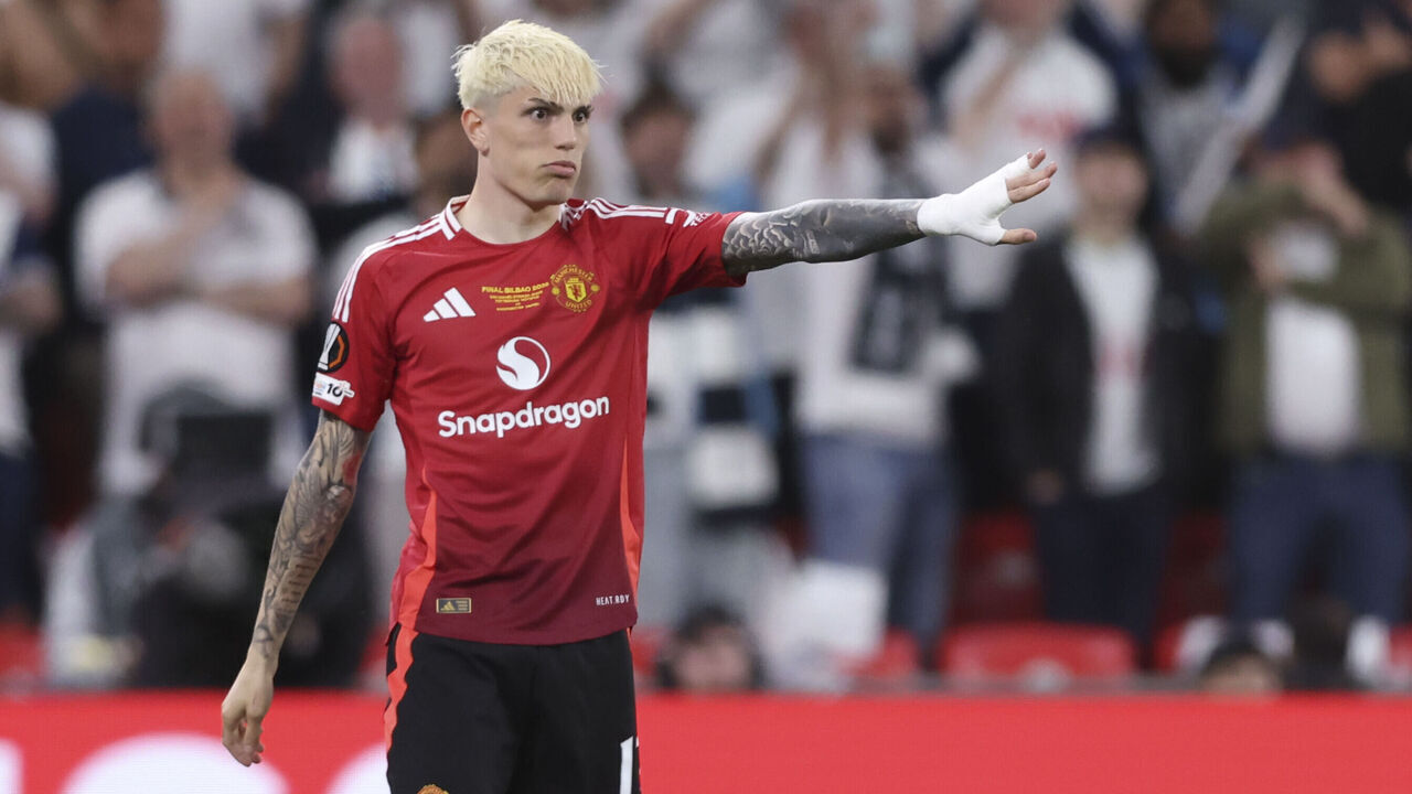 Bilbao, Spain - May 21: Alejandro Garnacho of Manchester United gestures during the UEFA Europa League Final 2025 between Tottenham Hotspur and Manchester United at San Mamés Stadium on May 21, 2025 in Bilbao, Spain.