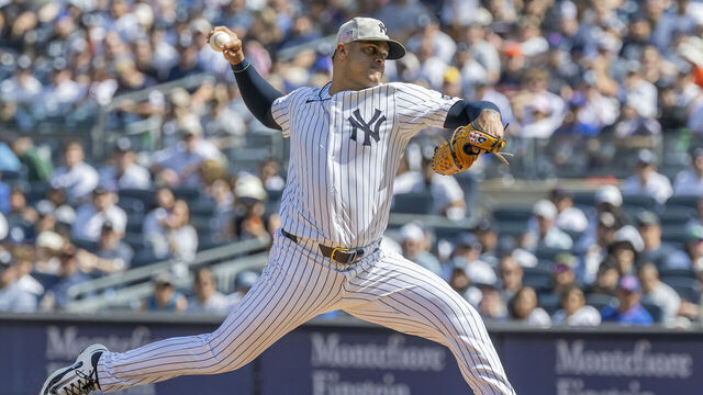 BRONX, NY - MAY 17: New York Yankees pitcher Fernando Cruz (63) throws a pitch during the MLB professional baseball game between the New York Mets and the New York Yankees on May 17, 2025 at Yankee Stadium in New York, NY.