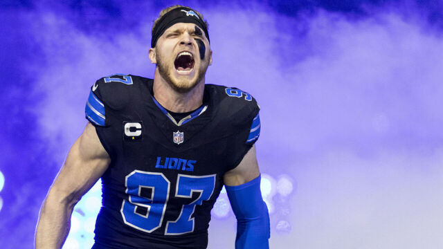 DETROIT, MICHIGAN - SEPTEMBER 30: Aidan Hutchinson #97 of the Detroit Lions reacts as he takes the field prior to an NFL football game against the Seattle Seahawks at Ford Field on September 30, 2024 in Detroit, Michigan.