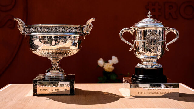PARIS, FRANCE - MAY 22: A general view of The Musketeers' Cup (L) and Suzanne Lenglen Cup at Roland Garros on May 22, 2025 in Paris, France.