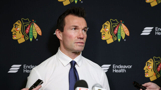 CHICAGO, ILLINOIS - NOVEMBER 10: Chicago Blackhawks head coach Luke Richardson speaks to the press prior to the game against the Minnesota Wild at the United Center on November 10, 2024 in Chicago, Illinois.