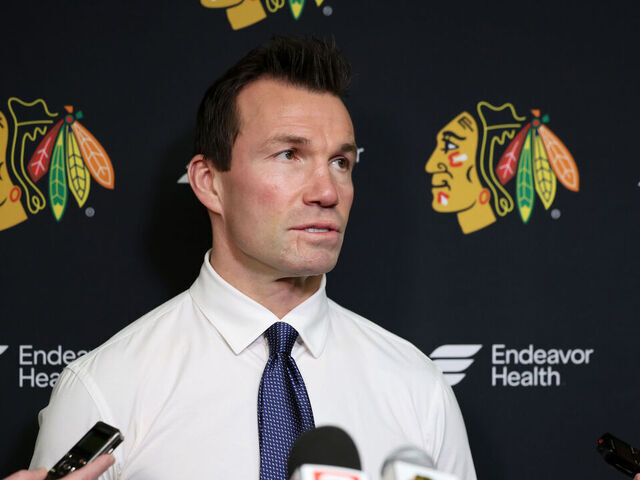 CHICAGO, ILLINOIS - NOVEMBER 10: Chicago Blackhawks head coach Luke Richardson speaks to the press prior to the game against the Minnesota Wild at the United Center on November 10, 2024 in Chicago, Illinois.