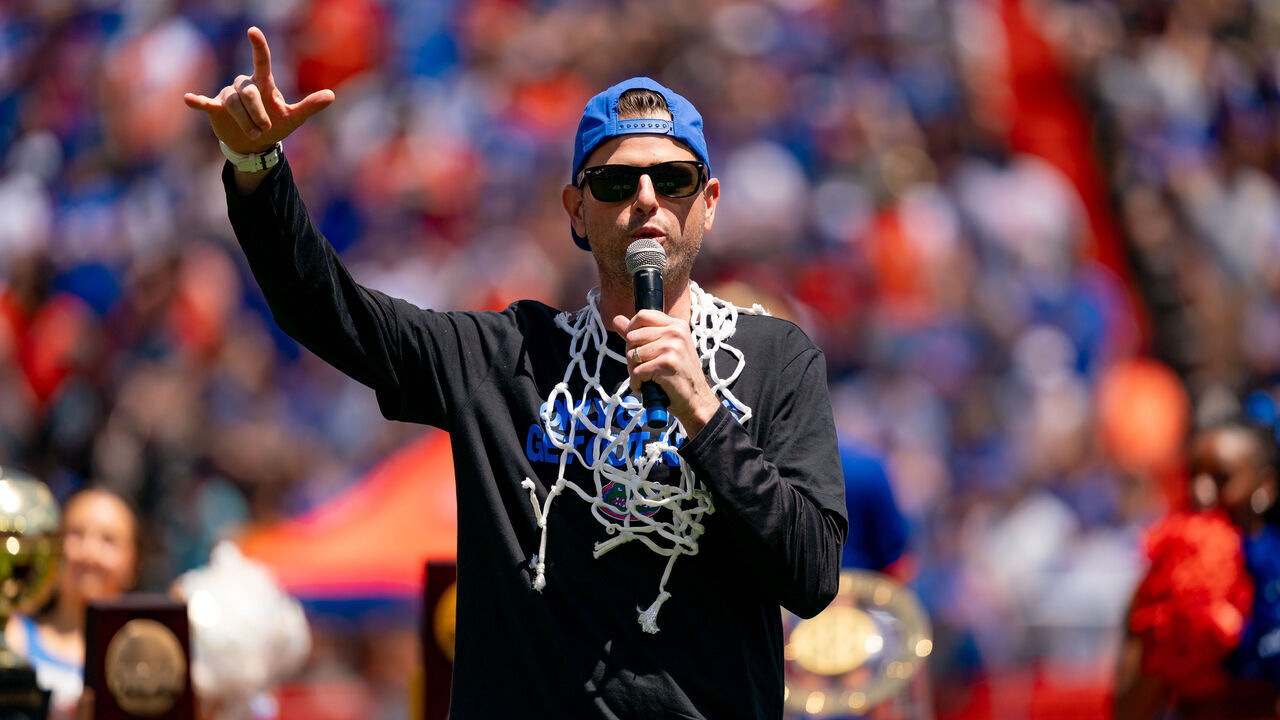 GAINESVILLE, FL - APRIL 12: Florida Gators basketball coach Todd Golden gives a speech during halftime at the Florida Gators Orange and Blue Game on April 12th, 2025 at Ben Hill Griffin Stadium in Gainesville, FL.