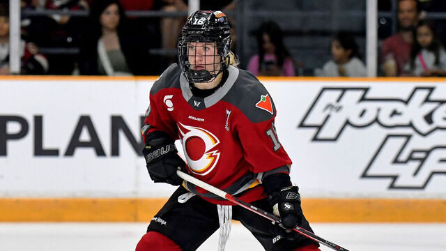 OTTAWA, ONTARIO - MAY 16: Katerina Mrazova #16 of the Ottawa Charge skates against the Montreal Victoire in the second period during Game Four of the PWHL Playoff at The Arena at TD Place on May 16, 2025 in Ottawa, Ontario, Canada.