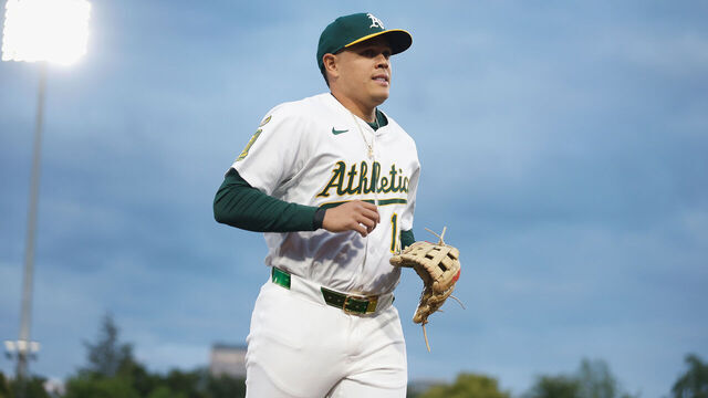 SACRAMENTO, CALIFORNIA - APRIL 25: Gio Urshela #13 of the Athletics looks on between innings against the Chicago White Sox at Sutter Health Park on April 25, 2025 in Sacramento, California.