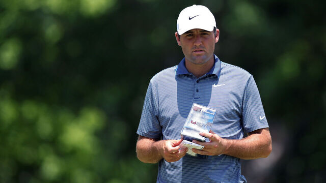 FORT WORTH, TEXAS - MAY 22: Scottie Scheffler of the United States looks on from the fifth green during the first round of the Charles Schwab Challenge 2025 at Colonial Country Club on May 22, 2025 in Fort Worth, Texas.