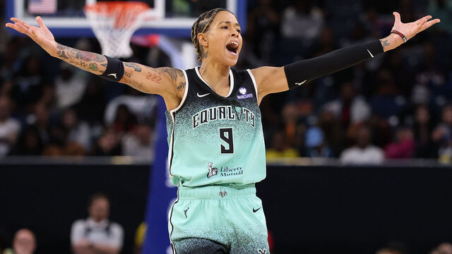 CHICAGO, ILLINOIS - MAY 22: Natasha Cloud #9 of the New York Liberty celebrates a three pointer against the Chicago Sky during the second half at Wintrust Arena on May 22, 2025 in Chicago, Illinois.