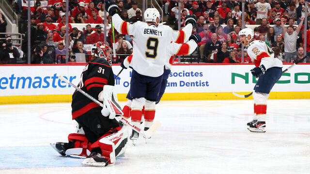RALEIGH, NORTH CAROLINA - MAY 22: Sam Bennett #9 reacts after Gustav Forsling #42 of the Florida Panthers scored during the first period against the Carolina Hurricanes in Game Two of the Eastern Conference Final of the 2025 Stanley Cup Playoffs at Lenovo Center on May 22, 2025 in Raleigh, North Carolina.