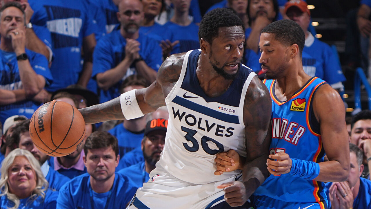OKLAHOMA CITY, OK - MAY 22: Julius Randle #30 of the Minnesota Timberwolves dribbles the ball during the game against the Oklahoma City Thunder during Game 2 of the Western Conference Finals on May 22, 2025 at Paycom Center in Oklahoma City, Oklahoma. Mandatory Copyright Notice: Copyright 2025 NBAE