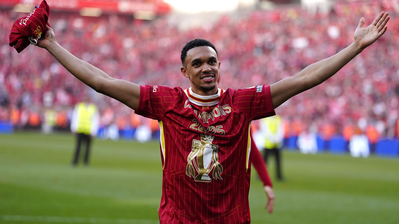 Liverpool's Trent Alexander-Arnold celebrate victory and the Premier League title following the Premier League match at Anfield, Liverpool. Picture date: Sunday April 27, 2025.