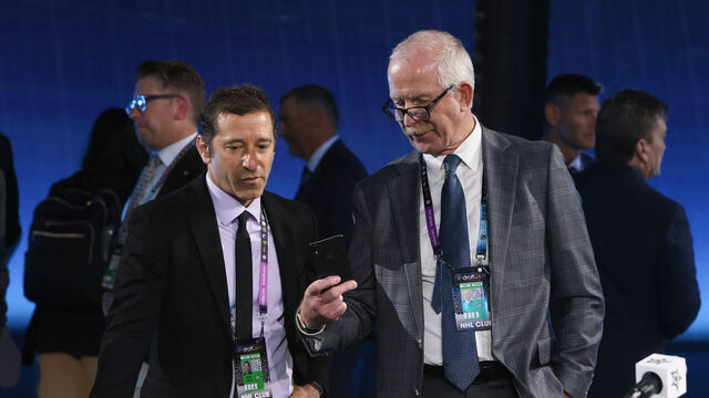 LAS VEGAS, NEVADA - JUNE 28: Assistant general manager Mark Janko (L) and general manager Jim Nill of the Dallas Stars talk before the first round of the 2024 Upper Deck NHL Draft at Sphere on June 28, 2024 in Las Vegas, Nevada.