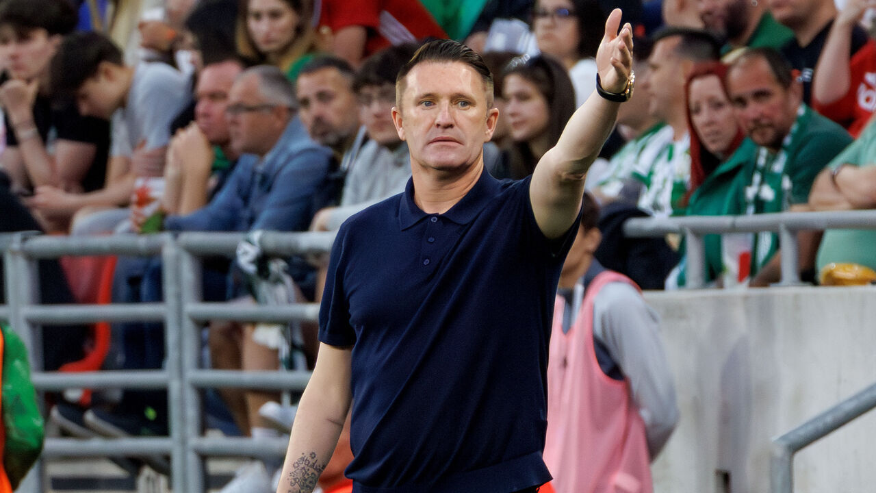 BUDAPEST, HUNGARY - MAY 14: Robbie Keane, head coach of Ferencvarosi TC reacts during the MOL Hungarian Cup Final match between Ferencvarosi TC and Paksi FC at Puskas Arena on May 14, 2025 in Budapest, Hungary.